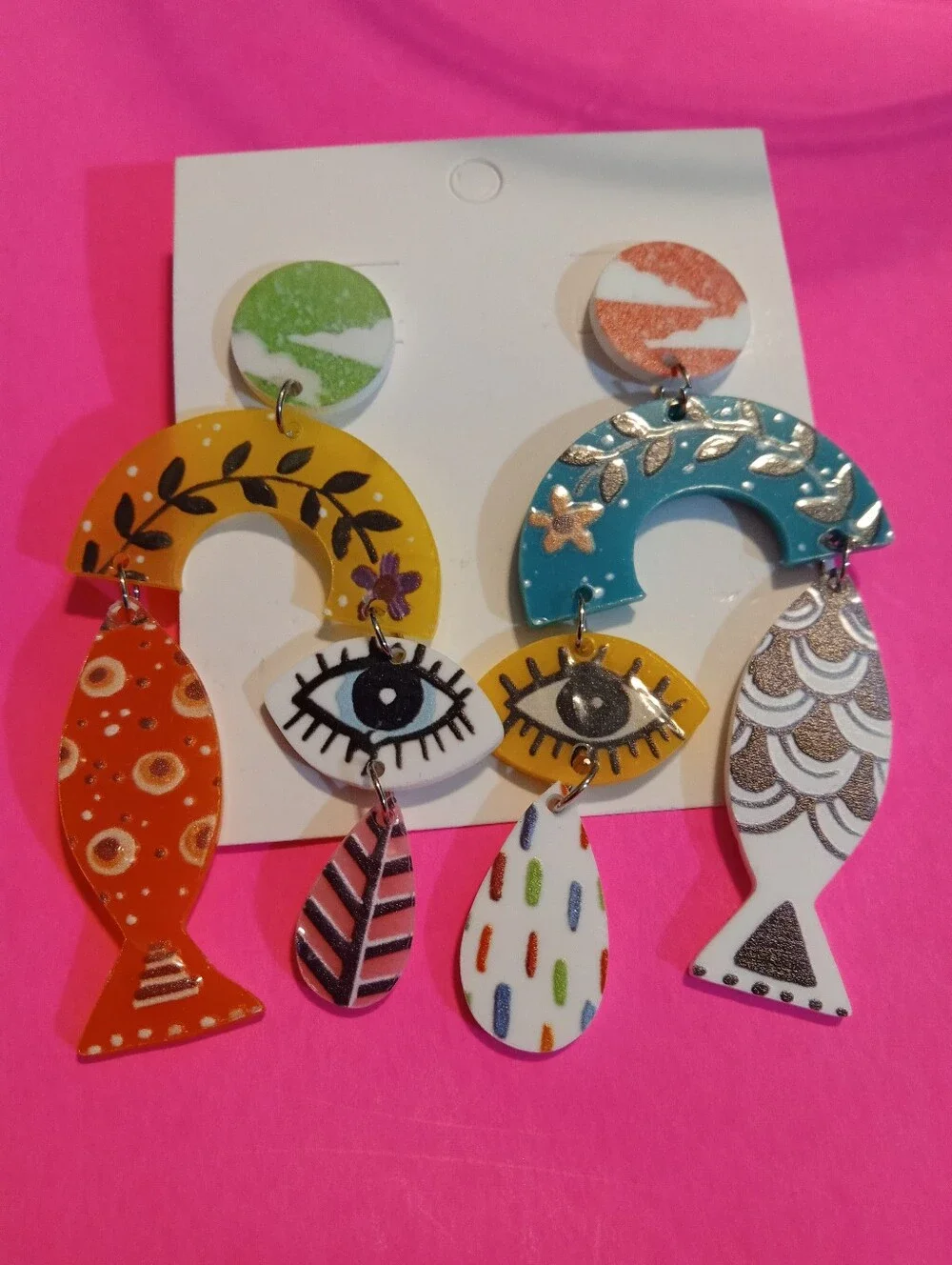 Colorful Fish & Eye Dangle Earrings - Yellow, Teal, Orange, White